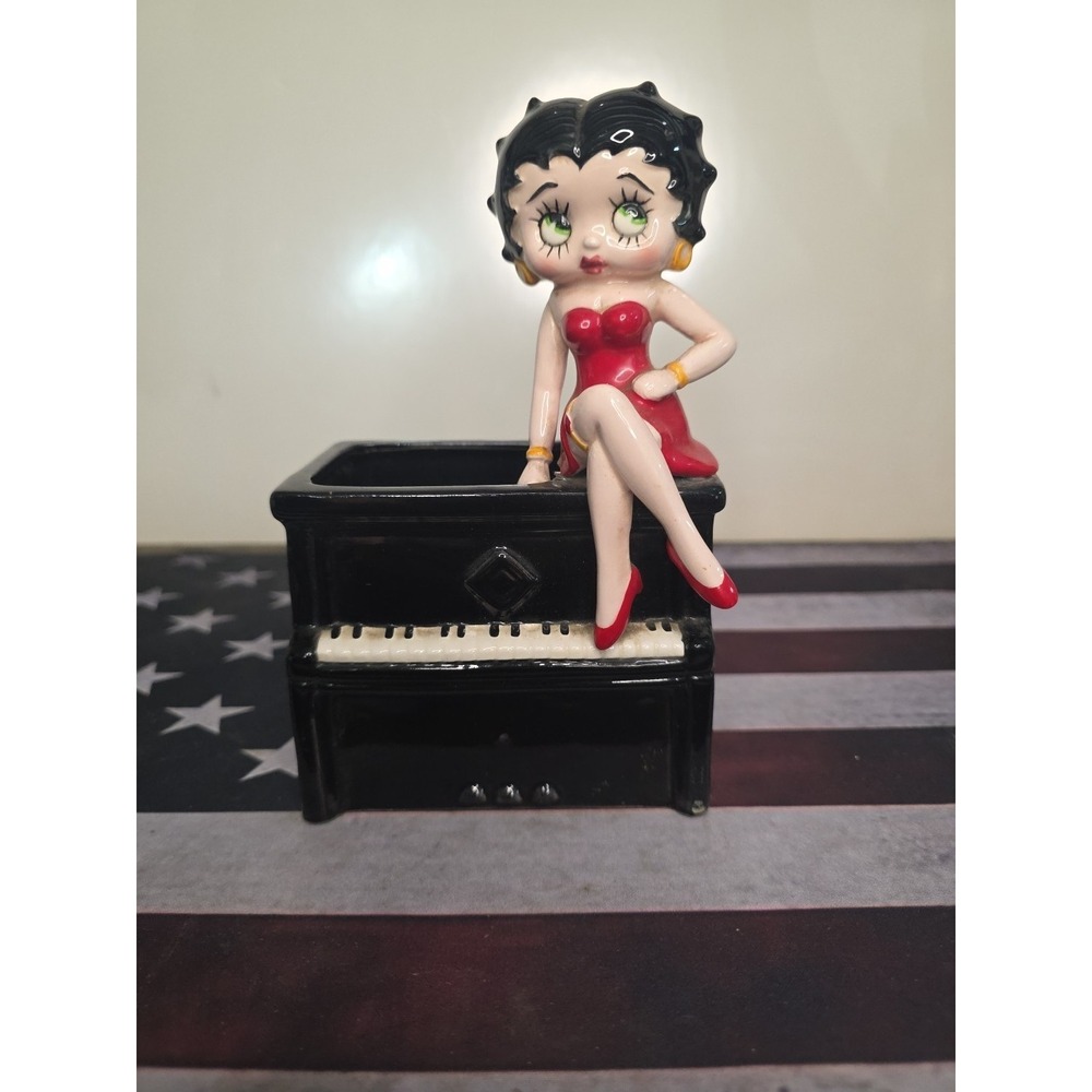 Vandor Betty Boop Hand Painted Ceramic Figurine in Red Dress on Black Piano
